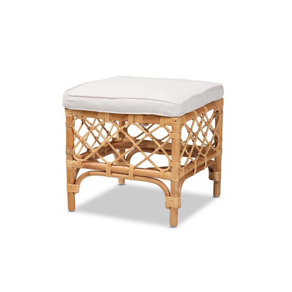 Bohemian White Fabric Upholstered and Natural Brown Rattan Ottoman