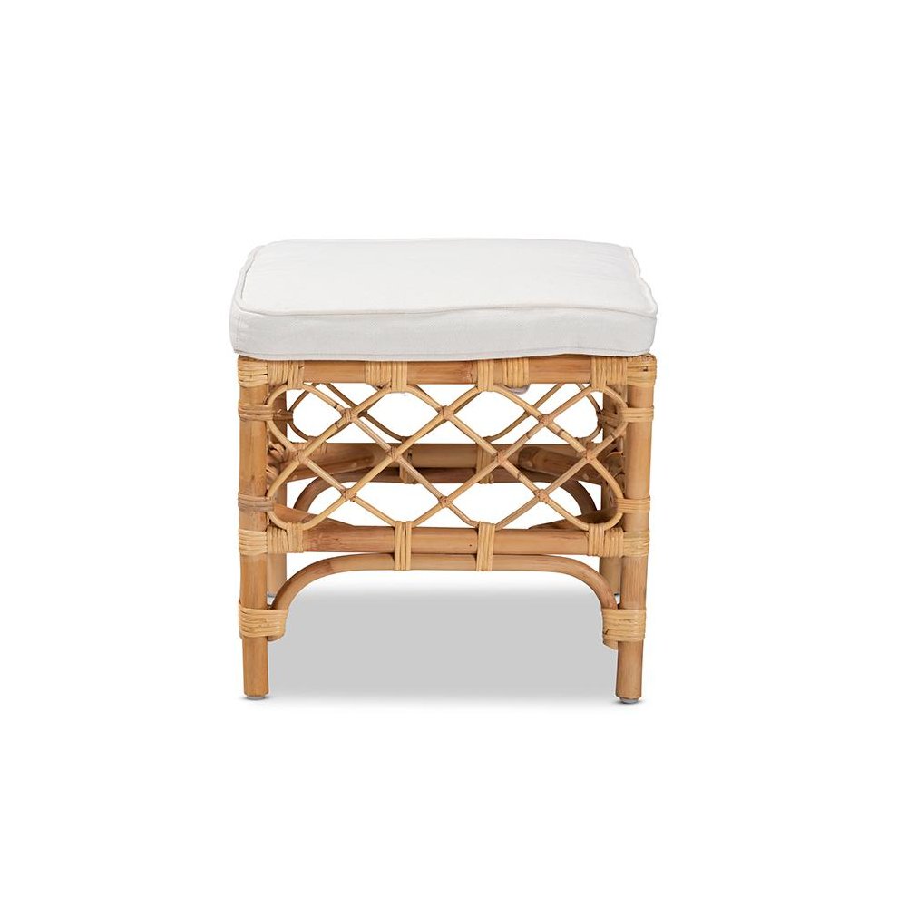 Bohemian White Fabric Upholstered and Natural Brown Rattan Ottoman