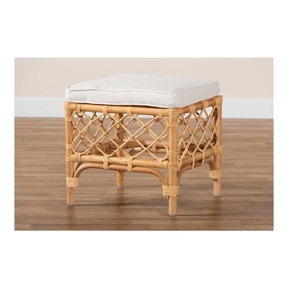 Bohemian White Fabric Upholstered and Natural Brown Rattan Ottoman