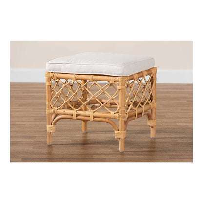 Bohemian White Fabric Upholstered and Natural Brown Rattan Ottoman