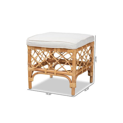 Bohemian White Fabric Upholstered and Natural Brown Rattan Ottoman