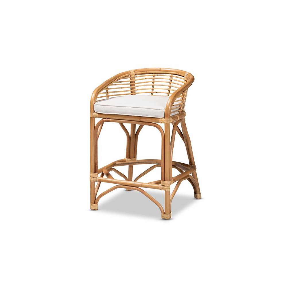 Bohemian White Fabric Upholstered and Natural Brown Rattan Counter Stool