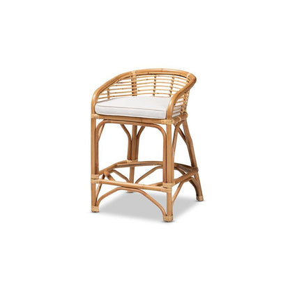 Bohemian White Fabric Upholstered and Natural Brown Rattan Counter Stool