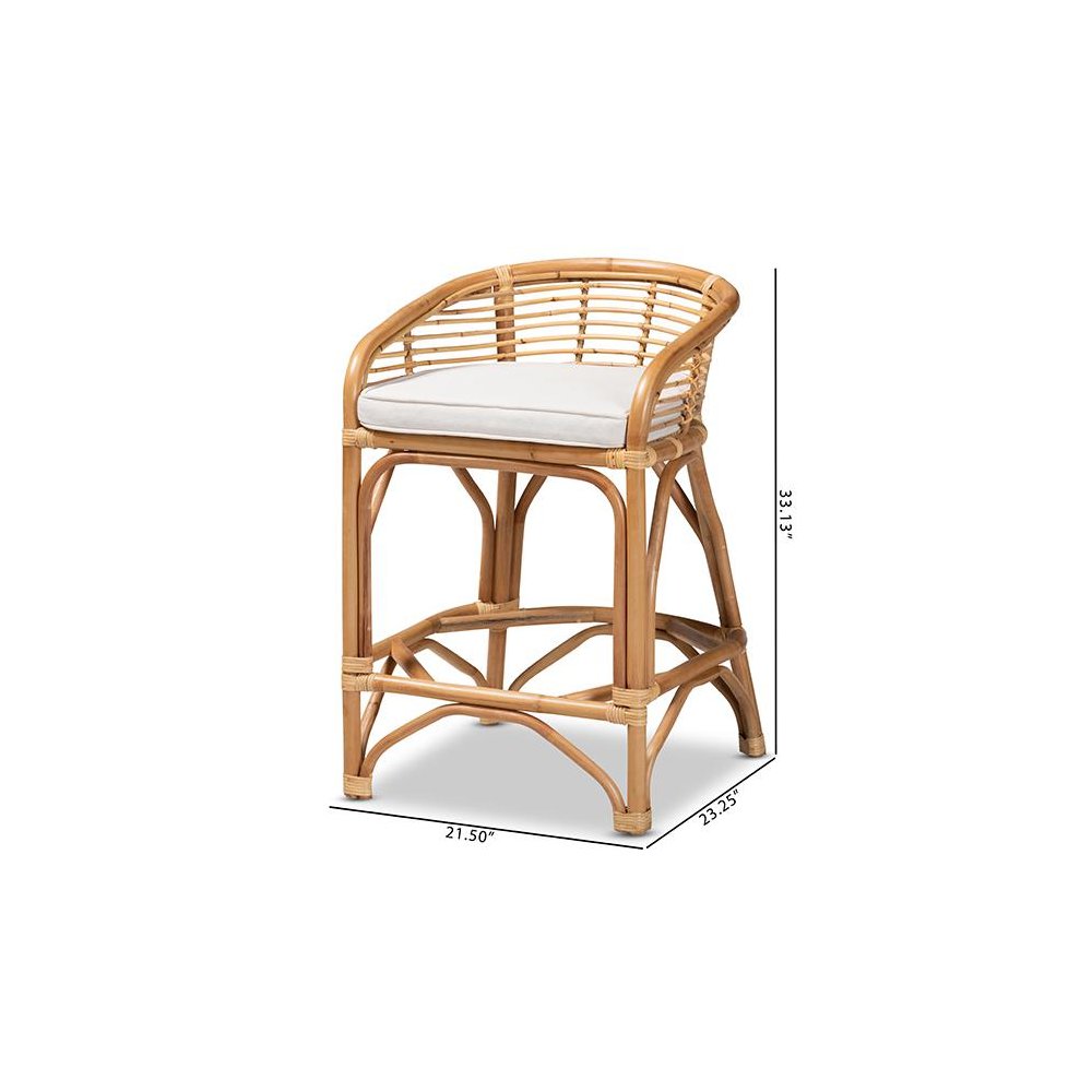 Bohemian White Fabric Upholstered and Natural Brown Rattan Counter Stool