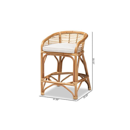 Bohemian White Fabric Upholstered and Natural Brown Rattan Counter Stool