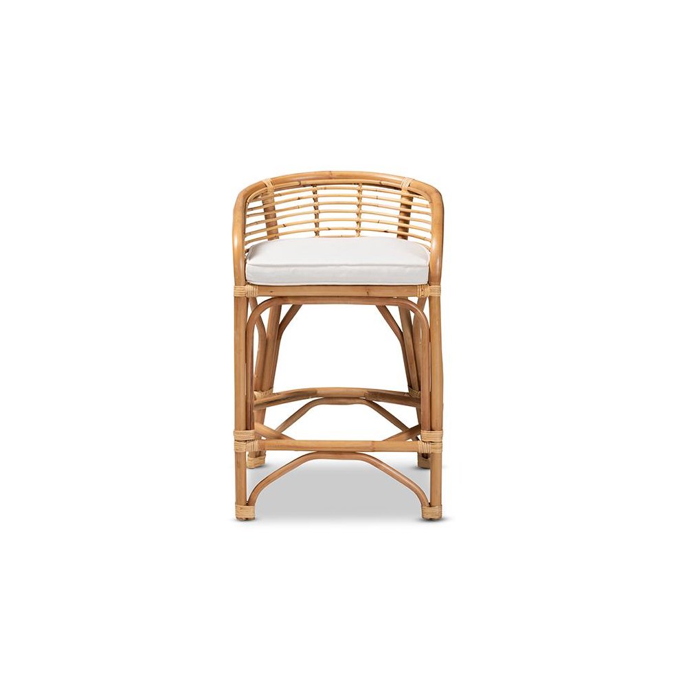 Bohemian White Fabric Upholstered and Natural Brown Rattan Counter Stool