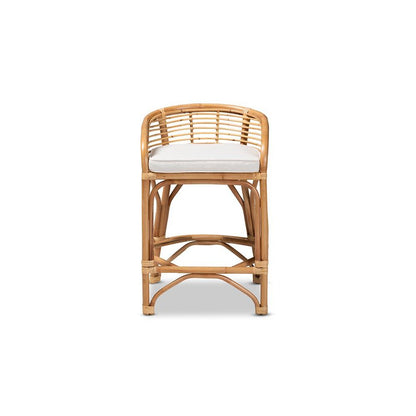 Bohemian White Fabric Upholstered and Natural Brown Rattan Counter Stool