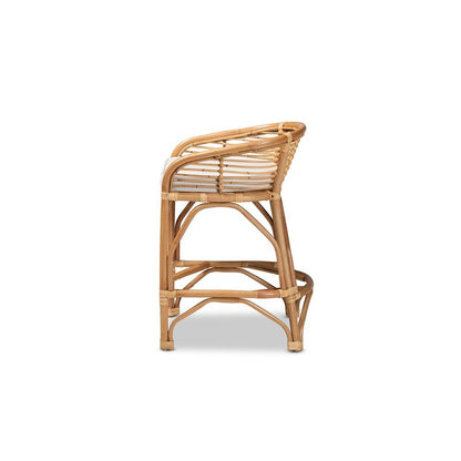 Bohemian White Fabric Upholstered and Natural Brown Rattan Counter Stool