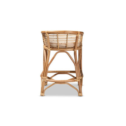 Bohemian White Fabric Upholstered and Natural Brown Rattan Counter Stool