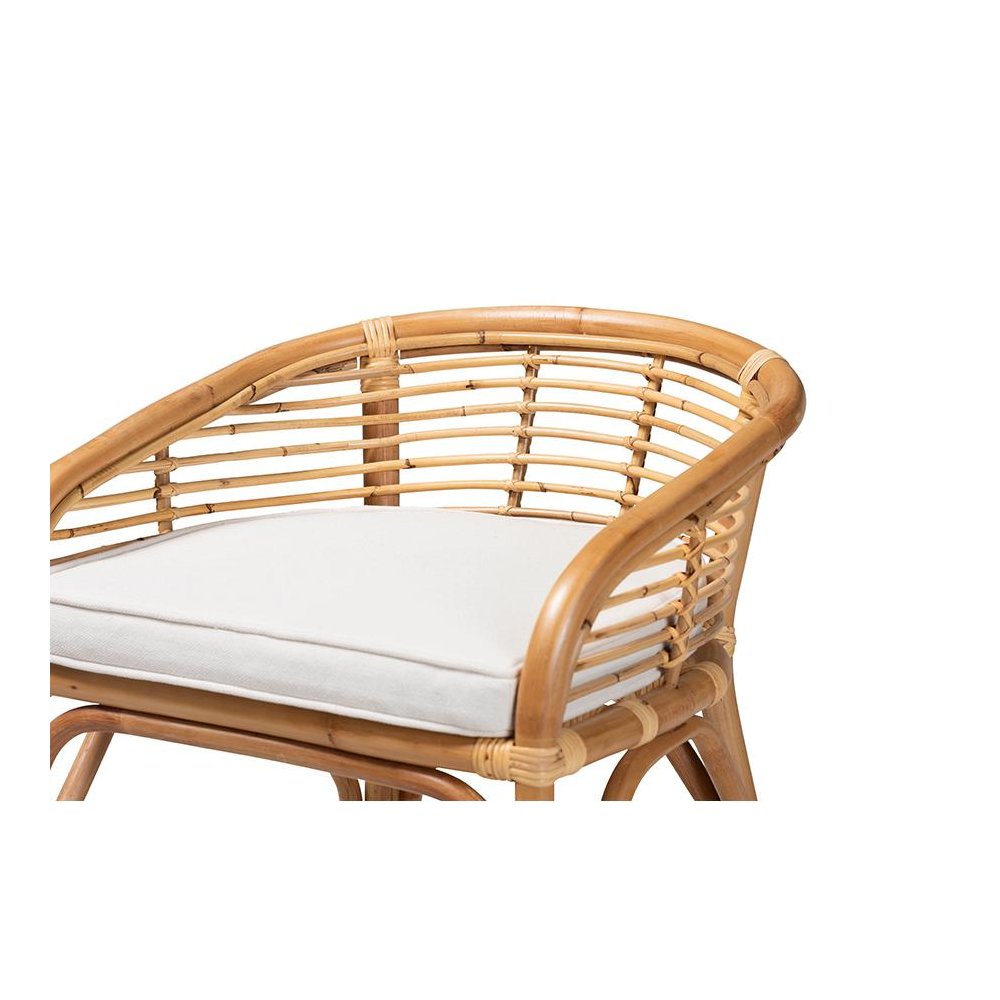Bohemian White Fabric Upholstered and Natural Brown Rattan Counter Stool