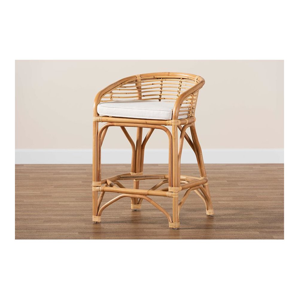 Bohemian White Fabric Upholstered and Natural Brown Rattan Counter Stool