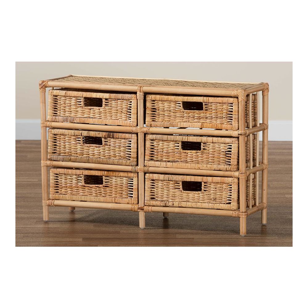 Bohemian Natural Brown Rattan 6-Drawer Storage Cabinet
