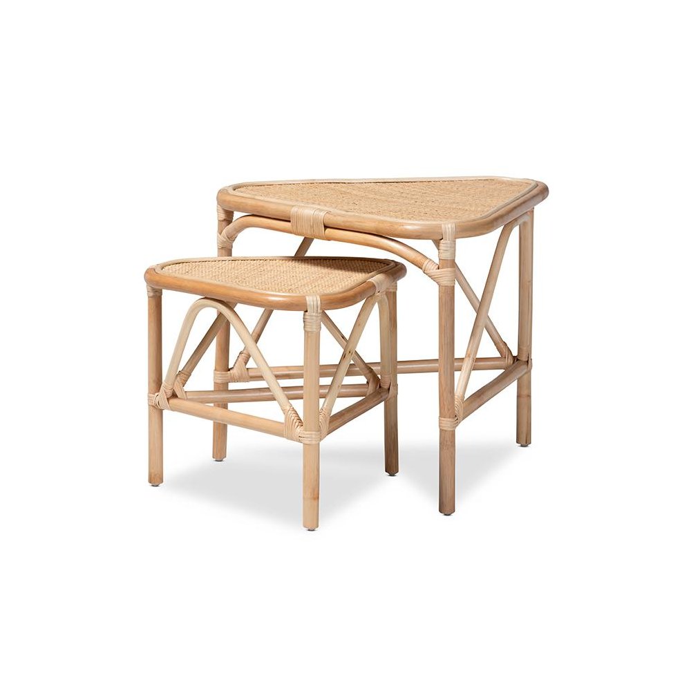 Bohemian Natural Brown Finished Rattan 2-Piece End Table Set