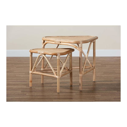 Bohemian Natural Brown Finished Rattan 2-Piece End Table Set