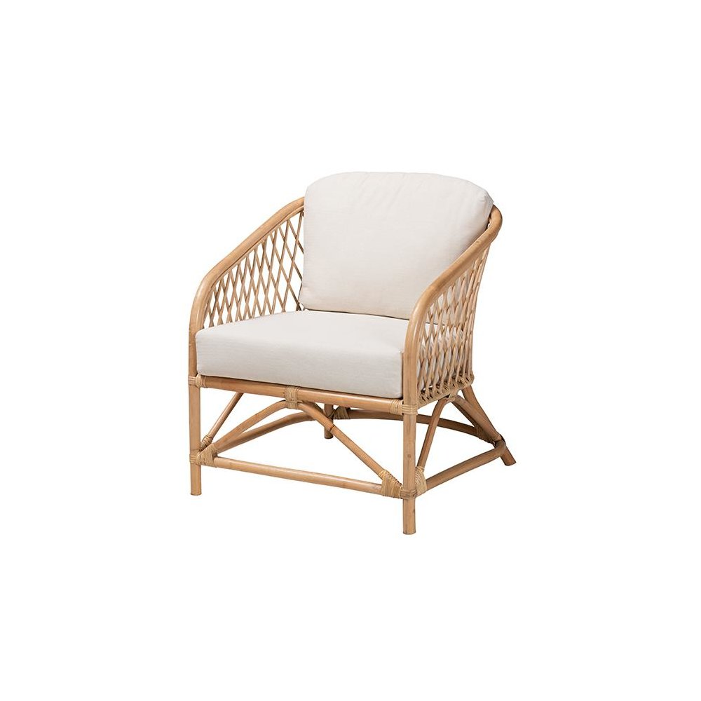 bali & pari Patsy Modern Bohemian White Fabric and Natural Brown Rattan Armchair