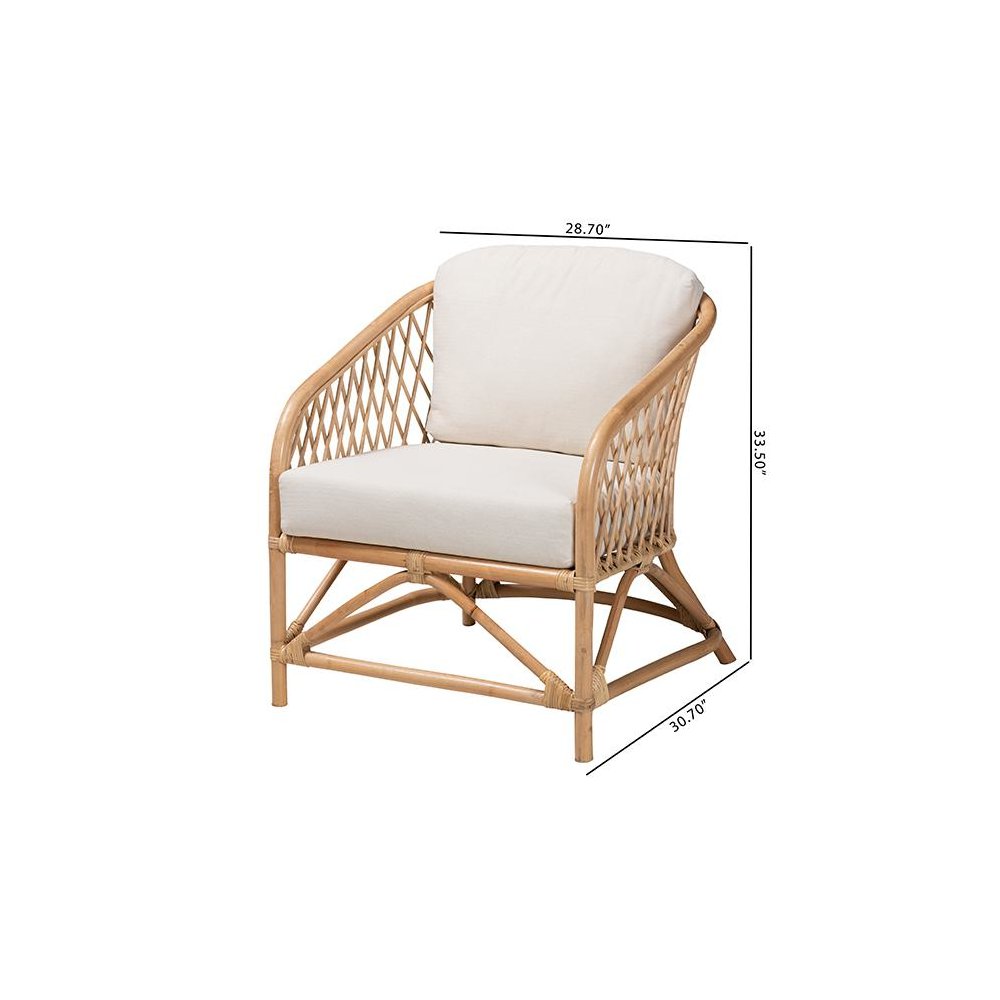 bali & pari Patsy Modern Bohemian White Fabric and Natural Brown Rattan Armchair