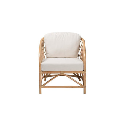 bali & pari Patsy Modern Bohemian White Fabric and Natural Brown Rattan Armchair
