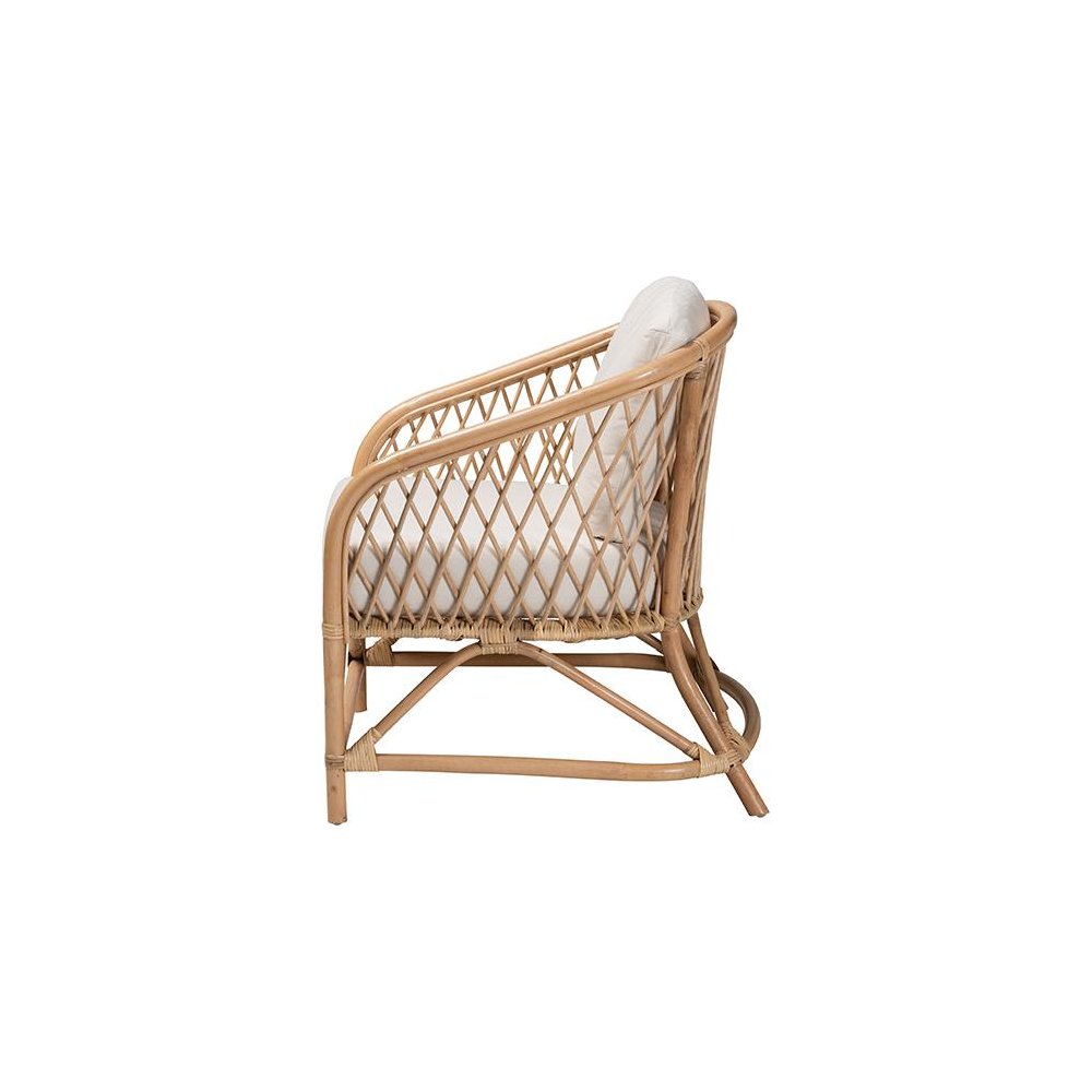 bali & pari Patsy Modern Bohemian White Fabric and Natural Brown Rattan Armchair