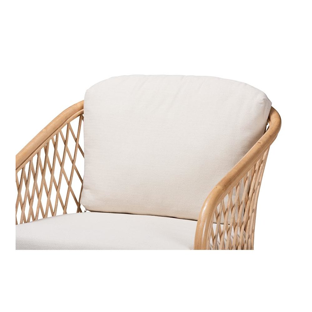 bali & pari Patsy Modern Bohemian White Fabric and Natural Brown Rattan Armchair