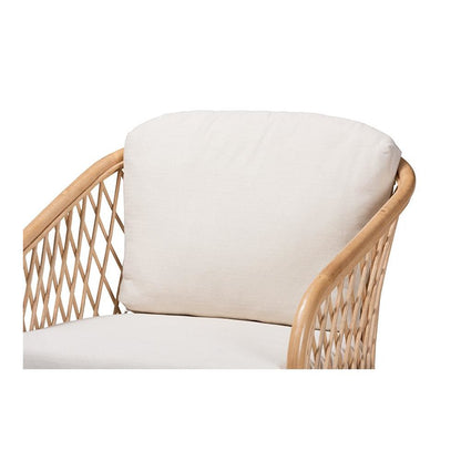 bali & pari Patsy Modern Bohemian White Fabric and Natural Brown Rattan Armchair
