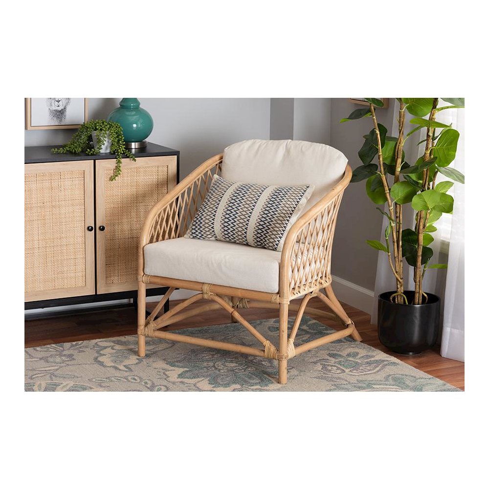 bali & pari Patsy Modern Bohemian White Fabric and Natural Brown Rattan Armchair