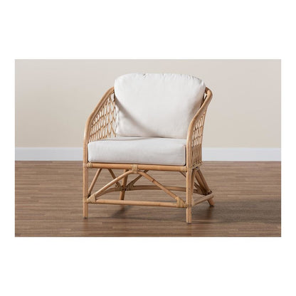 bali & pari Patsy Modern Bohemian White Fabric and Natural Brown Rattan Armchair