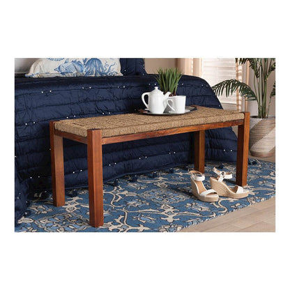 Transitional Natural Seagrass and Mahogany Wood Bench
