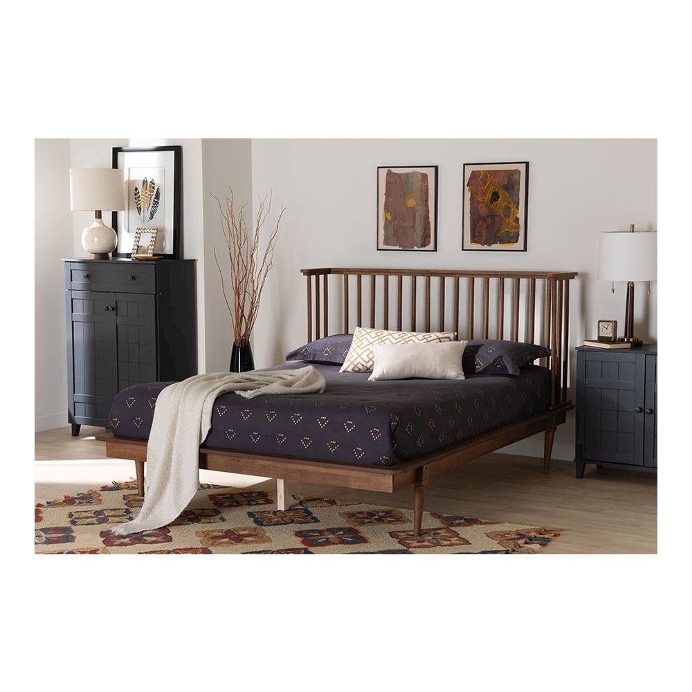 Flint Mid-Century Modern Ash Walnut Finished Wood Queen Size Platform Bed