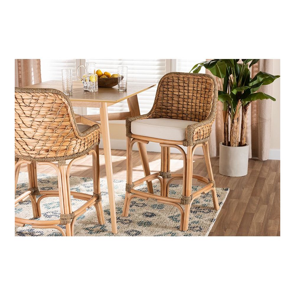 Bohemian Natural Brown Woven Rattan Counter Stool with Cushion