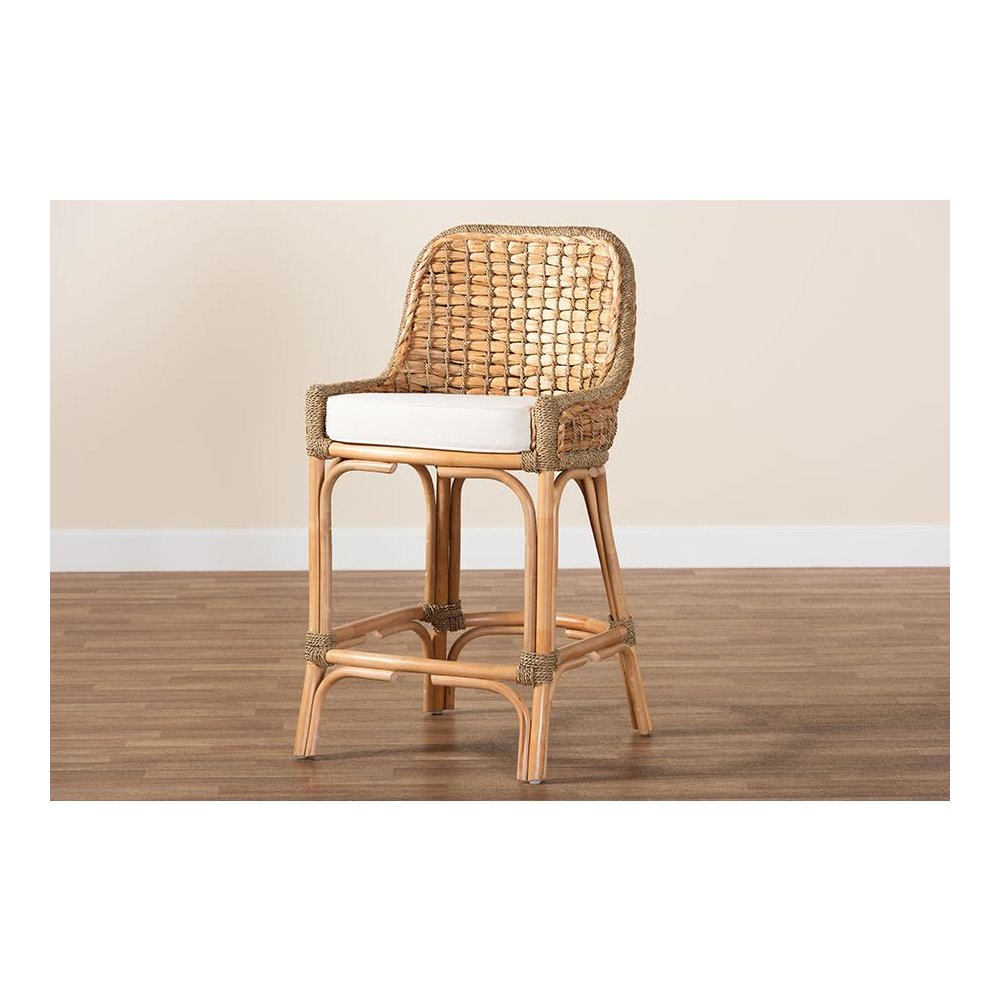Bohemian Natural Brown Woven Rattan Counter Stool with Cushion