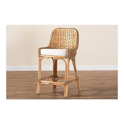 Bohemian Natural Brown Woven Rattan Counter Stool with Cushion