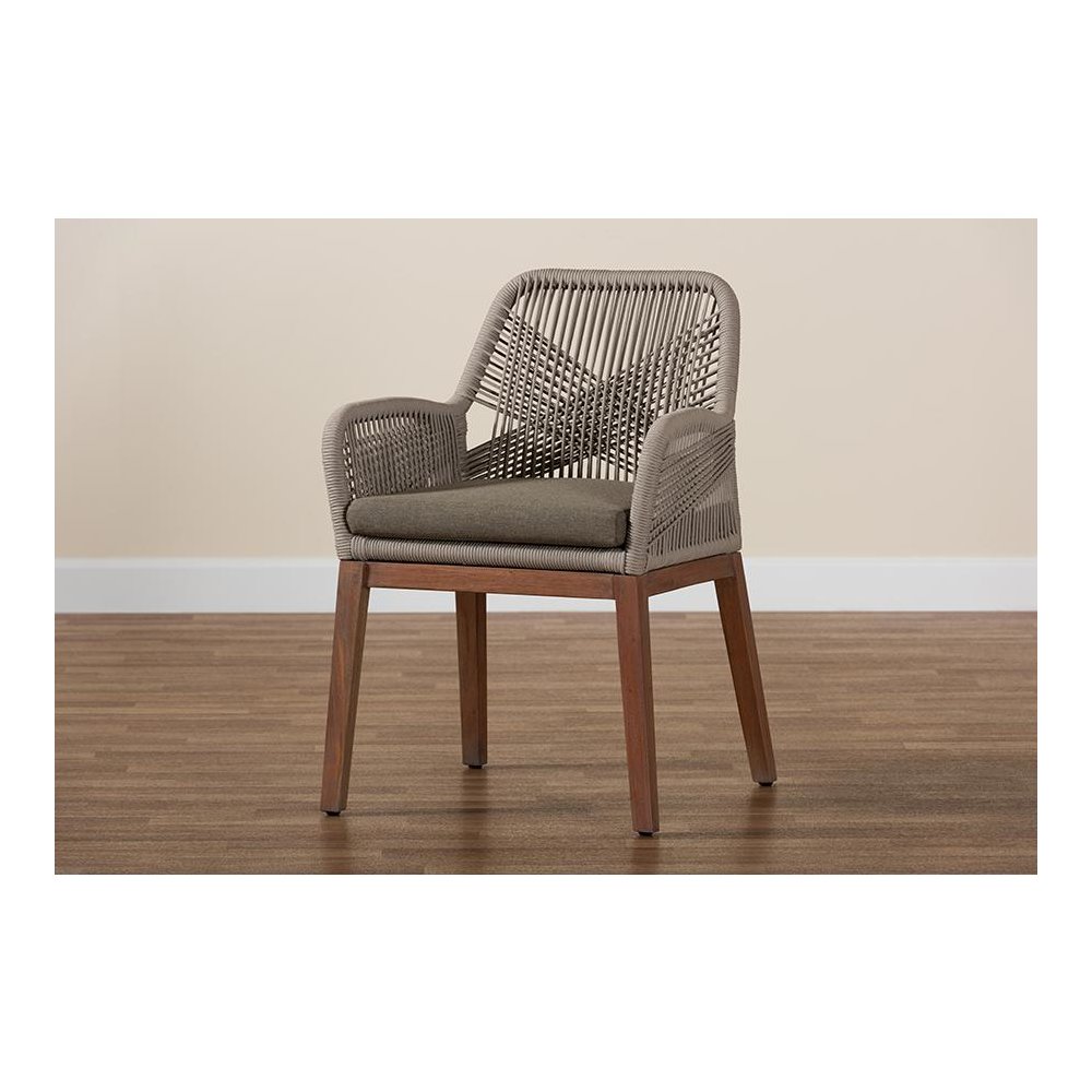 ennifer Mid-Century Transitional Grey Woven Rope Mahogany Dining Arm Chair