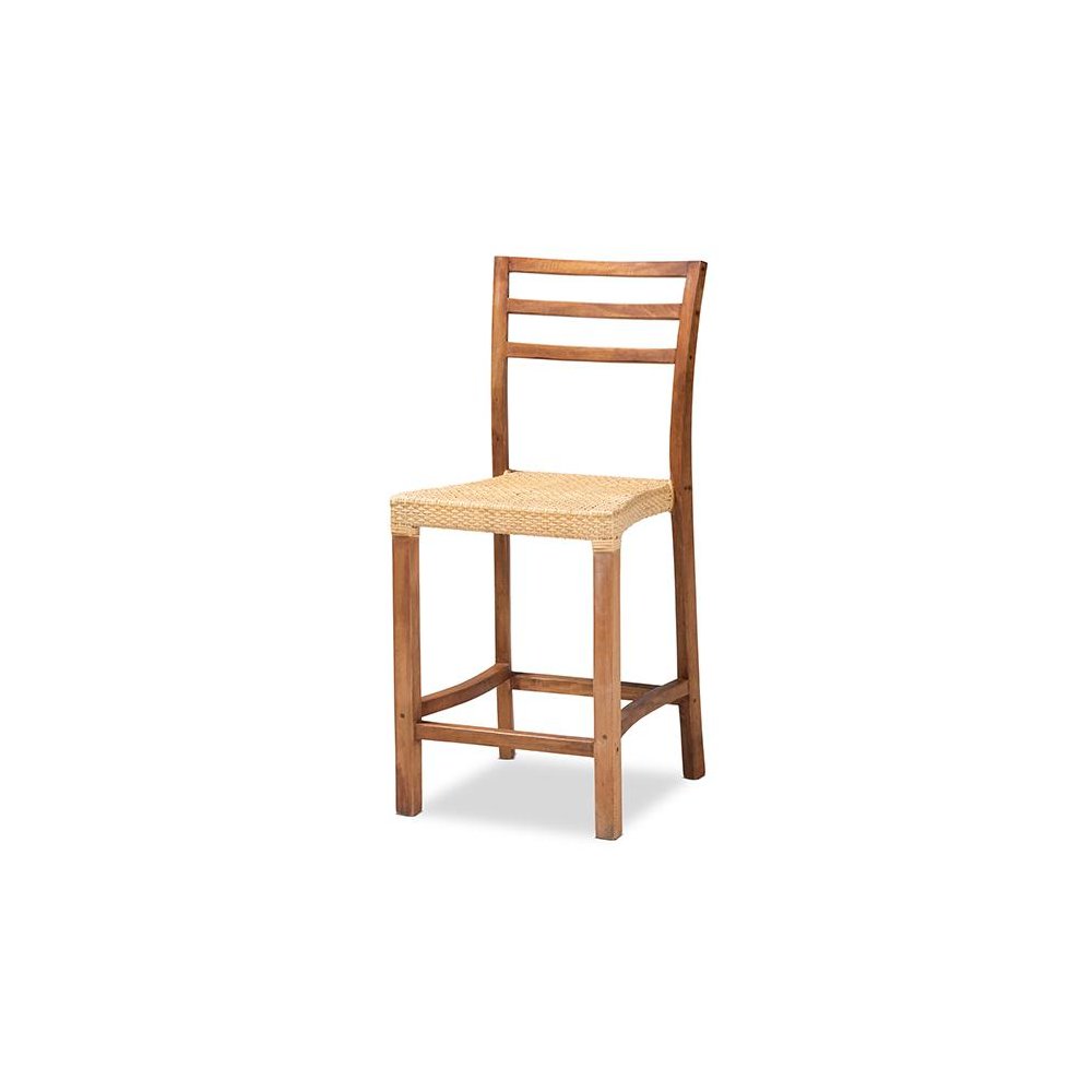 Walnut Brown Mahogany Wood and Natural Rattan Counter Stool