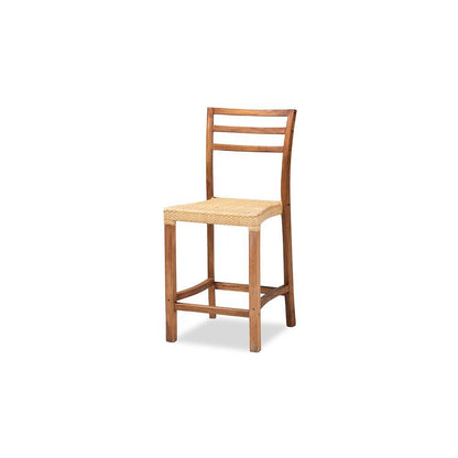 Walnut Brown Mahogany Wood and Natural Rattan Counter Stool