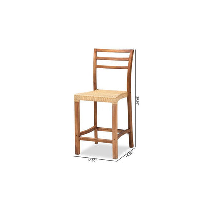 Walnut Brown Mahogany Wood and Natural Rattan Counter Stool