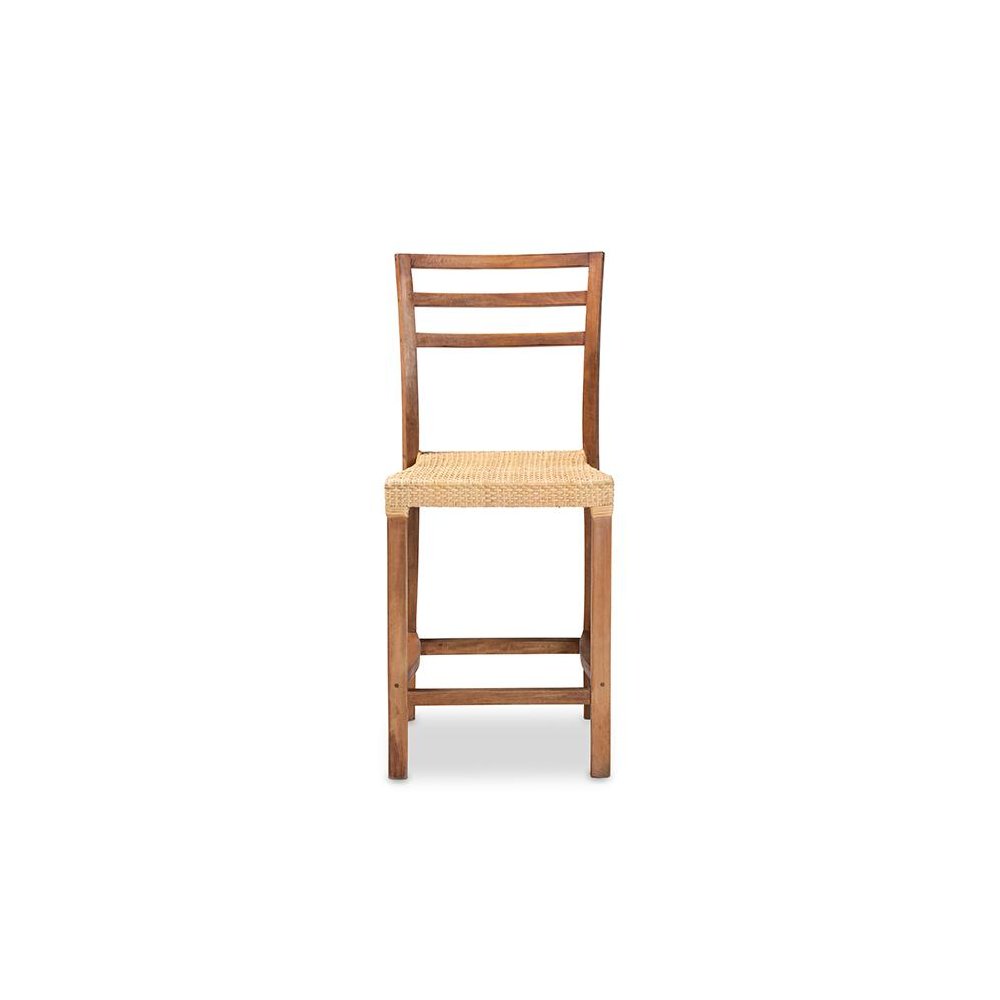 Walnut Brown Mahogany Wood and Natural Rattan Counter Stool