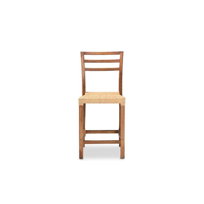 Walnut Brown Mahogany Wood and Natural Rattan Counter Stool