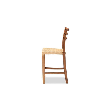 Walnut Brown Mahogany Wood and Natural Rattan Counter Stool