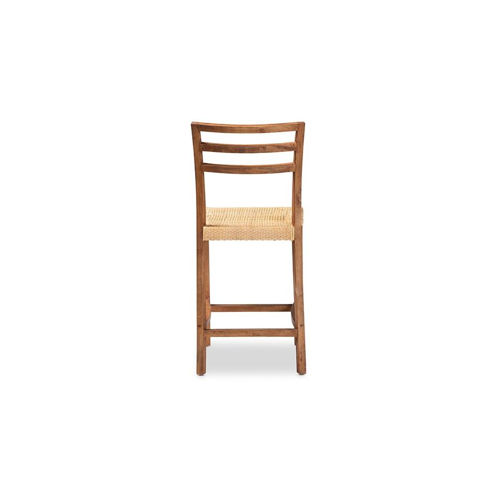 Walnut Brown Mahogany Wood and Natural Rattan Counter Stool