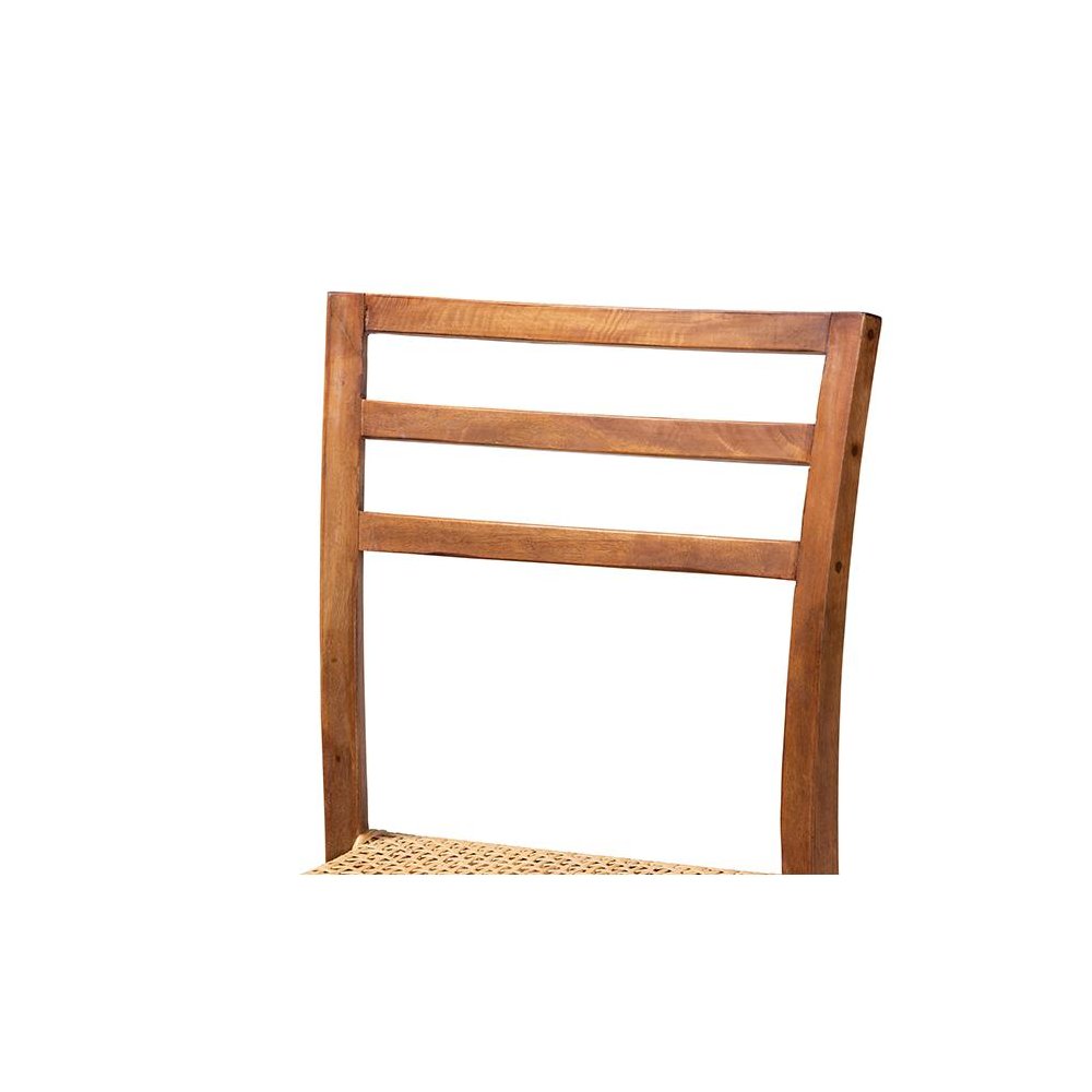 Walnut Brown Mahogany Wood and Natural Rattan Counter Stool