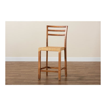 Walnut Brown Mahogany Wood and Natural Rattan Counter Stool