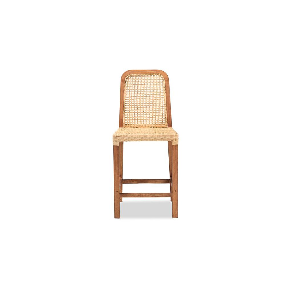 Walnut Brown Mahogany Wood and Natural Rattan Counter Stool