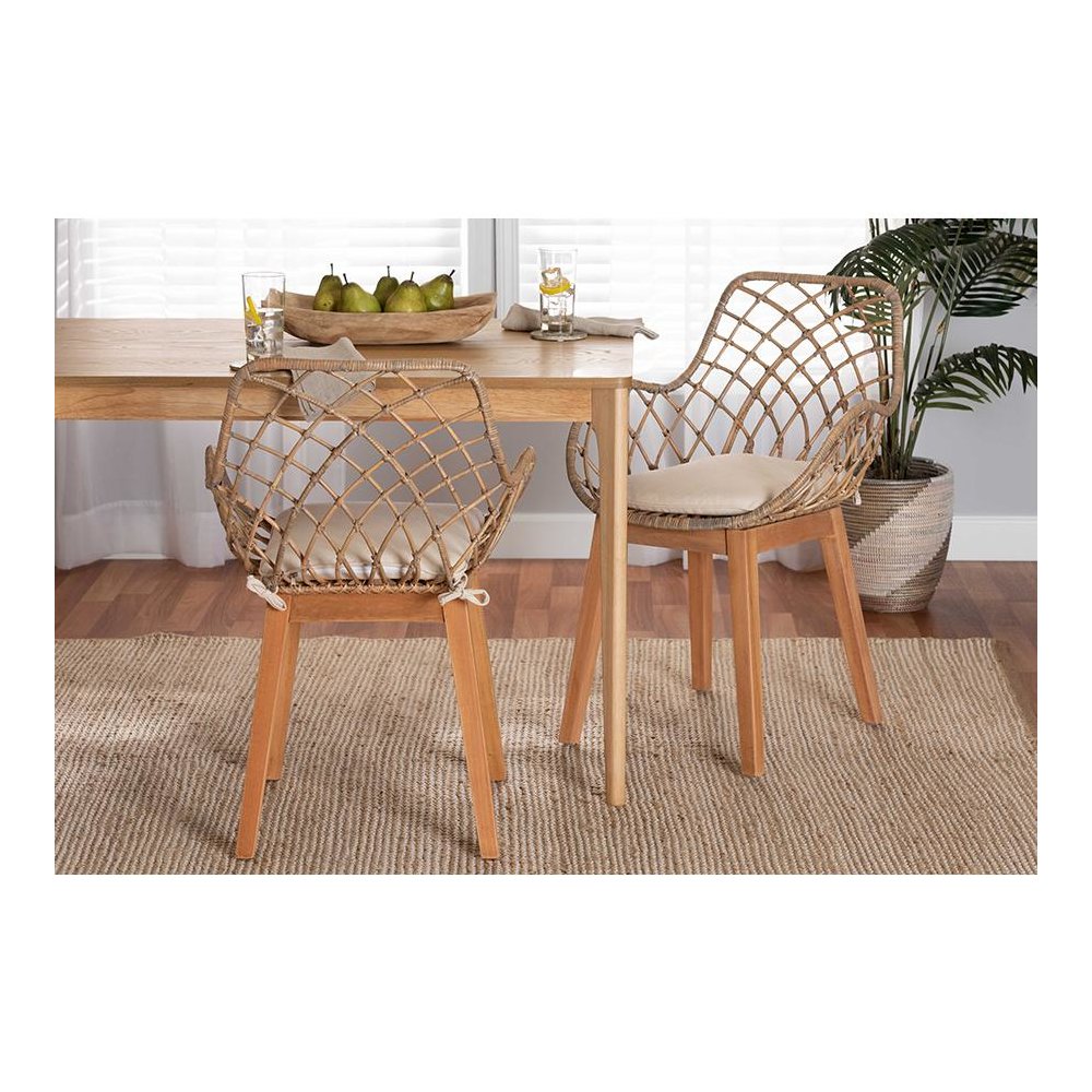 Natural Brown Finished Wood 2-Piece Dining Chair Set