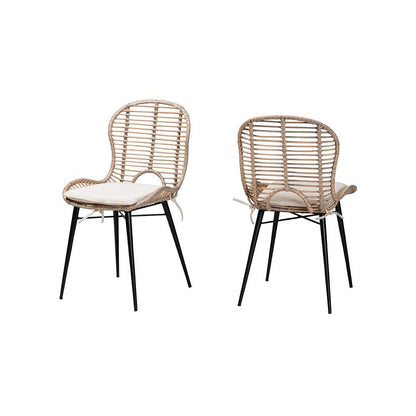 Bohemian Greywashed Rattan and Black Metal 2-Piece Dining Chair Set