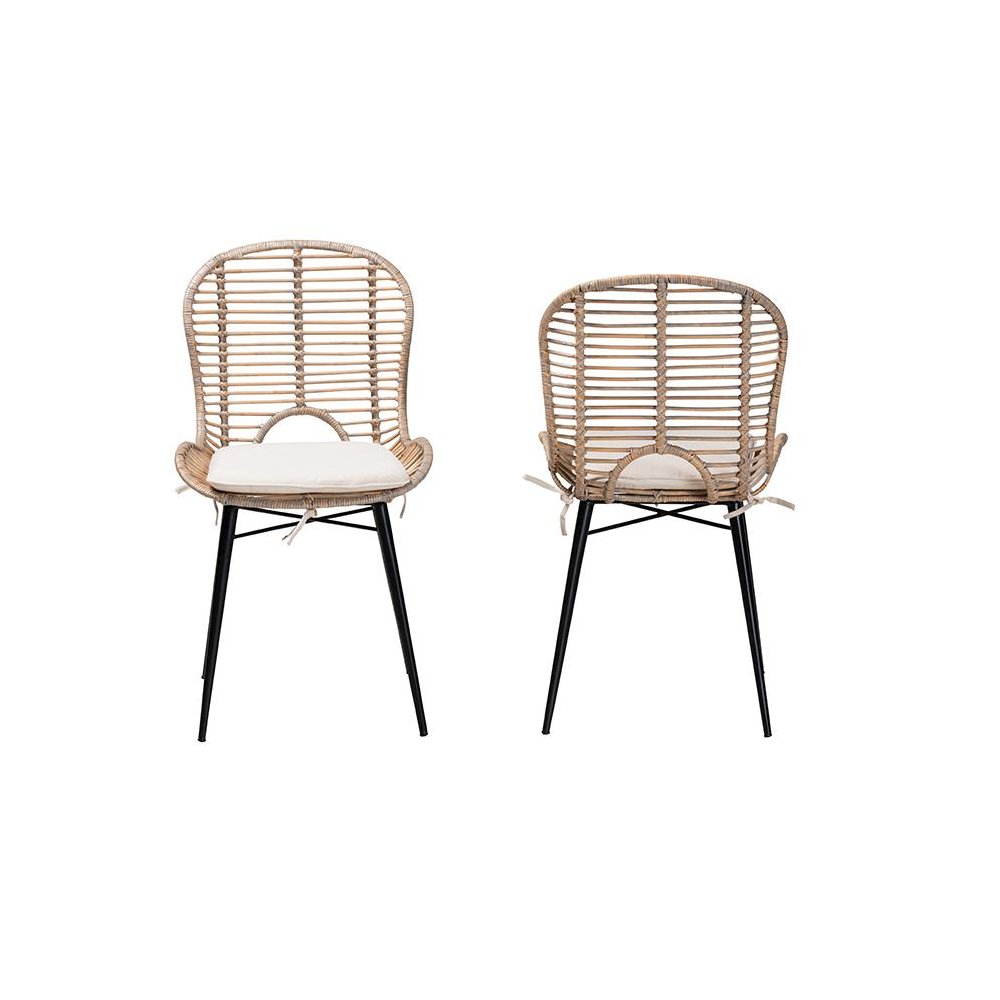 Bohemian Greywashed Rattan and Black Metal 2-Piece Dining Chair Set