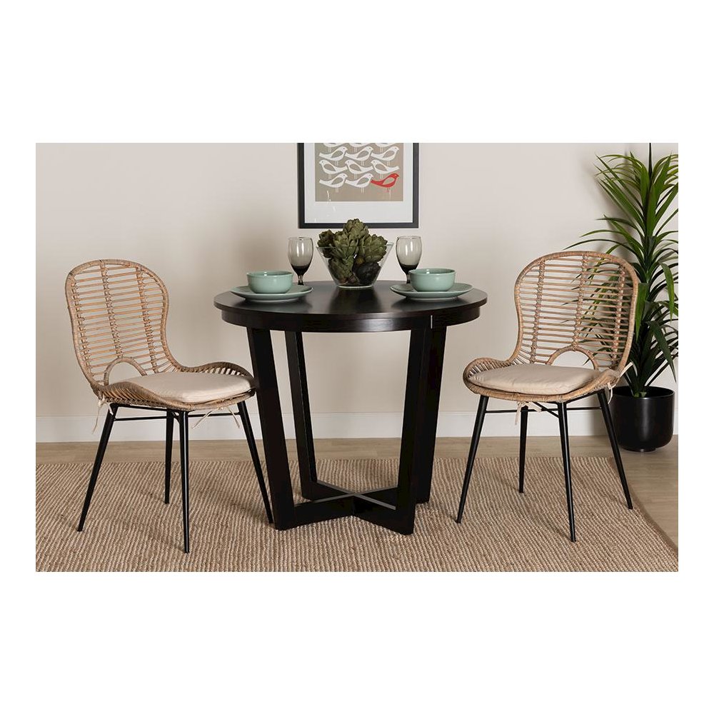 Bohemian Greywashed Rattan and Black Metal 2-Piece Dining Chair Set