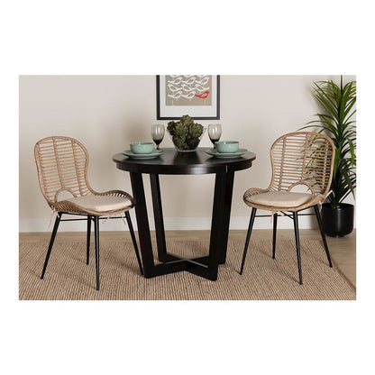 Bohemian Greywashed Rattan and Black Metal 2-Piece Dining Chair Set