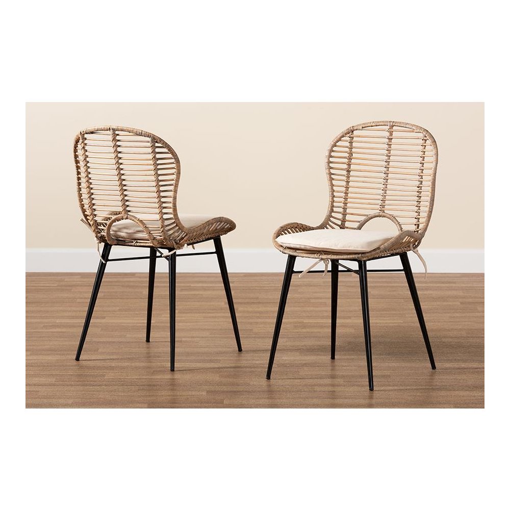 Bohemian Greywashed Rattan and Black Metal 2-Piece Dining Chair Set