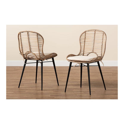 Bohemian Greywashed Rattan and Black Metal 2-Piece Dining Chair Set
