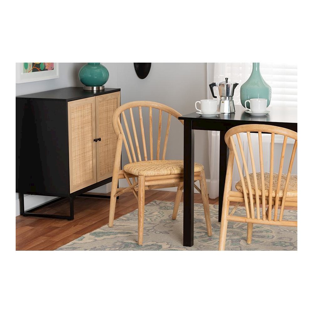 Natural Brown Finished Wood and Rattan Dining Chair